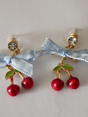 Gold Cherry Drop Earrings with Light Blue Bow - Red